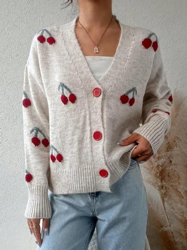 Women's Cherry Pattern Button Front Knitting Longsleeves Cardigans, Casual Elegant Long Sleeve Sweater Cardigan for Fall & Winter, Women's Knit Clothing for Daily Wear, Cardigan for Women, Women's Cardigan, Womenswear, Knitwear,Clothe Knitted Outfit Tops