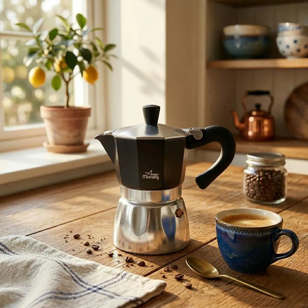 Any Morning Stovetop Espresso Aluminum Moka Pot, Black, 240 ml - 8 oz