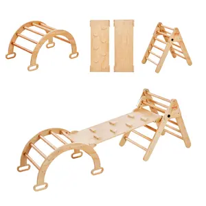 VEVOR Pikler Triangle Set,  5 in 1 Toddler Climbing Toys Indoor Playground, Ramp, and Arch, Montessori Climbing Set with Triangle, Medium Size Wooden Climbing Gym for Toddlers 1-3 Years, Wood Color
