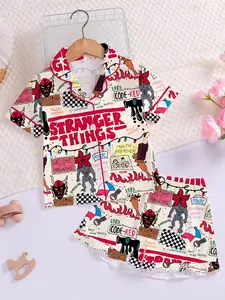 Fire Retardant Fabric Sleepwear Set, Cute Cartoon Print, Short Sleeve Open Front Top & Loose Elastic Shorts, All Seasons