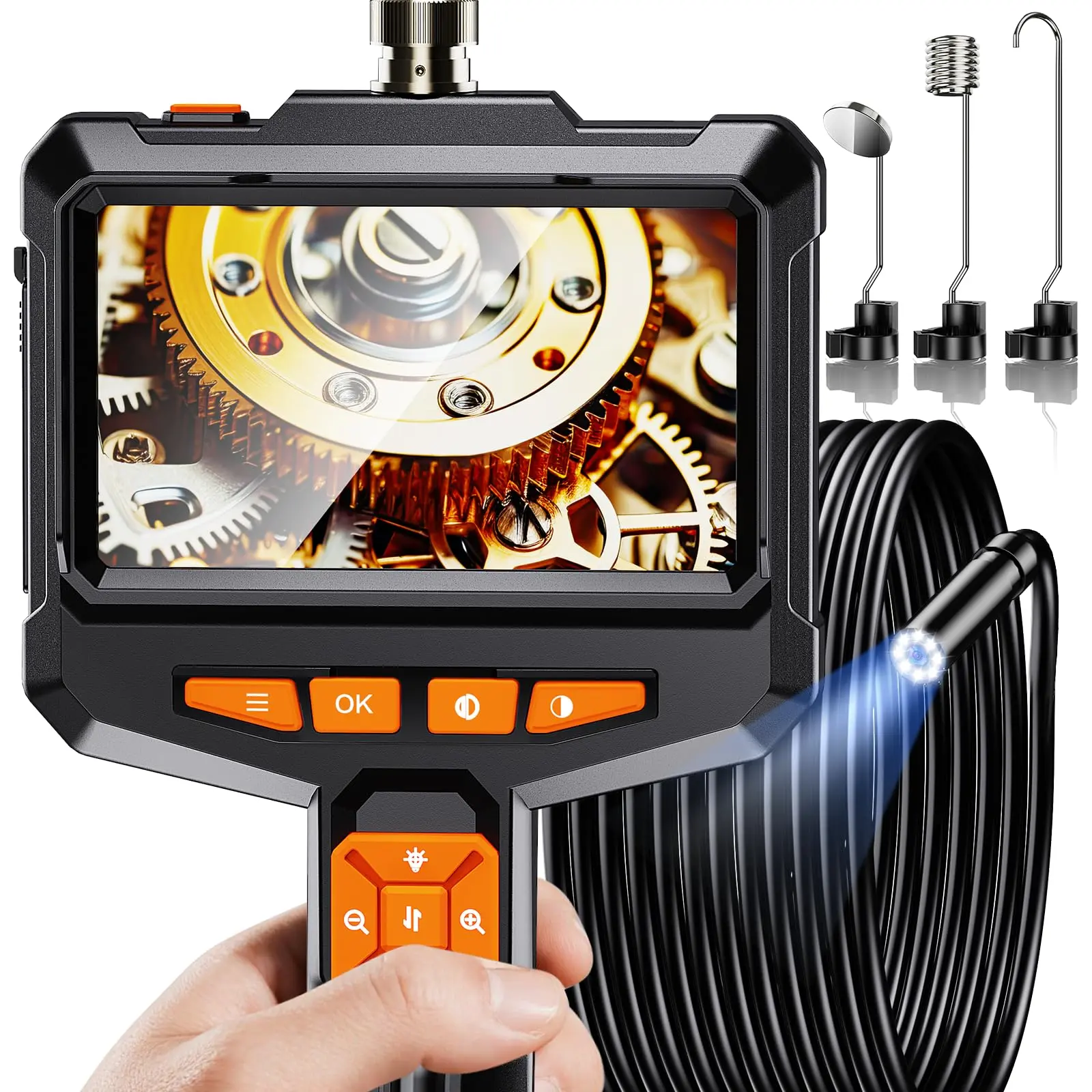 Aikokkl 4.3 inches Endoscope Camera with Light, 1080P HD Resolution Handheld Borescope, 8 Adjustable LED Lights, 170° Wide-Angle View, 3-4 Hours Runtime, IP67 Waterproof, 16.4FT Semi-Rigid Cord for Automotive, Pipe Inspection
