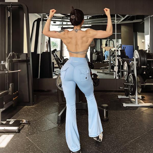 YEOREO CoreFlex Women's Workout Flare Leggings with Pockets Hidden Scrunch High Waisted Cargo Gym Yoga No Front Seam Leggings Flared Joggers Fitness Outfit Camouflage Sports Pants 75% Nylon 25% Spandex