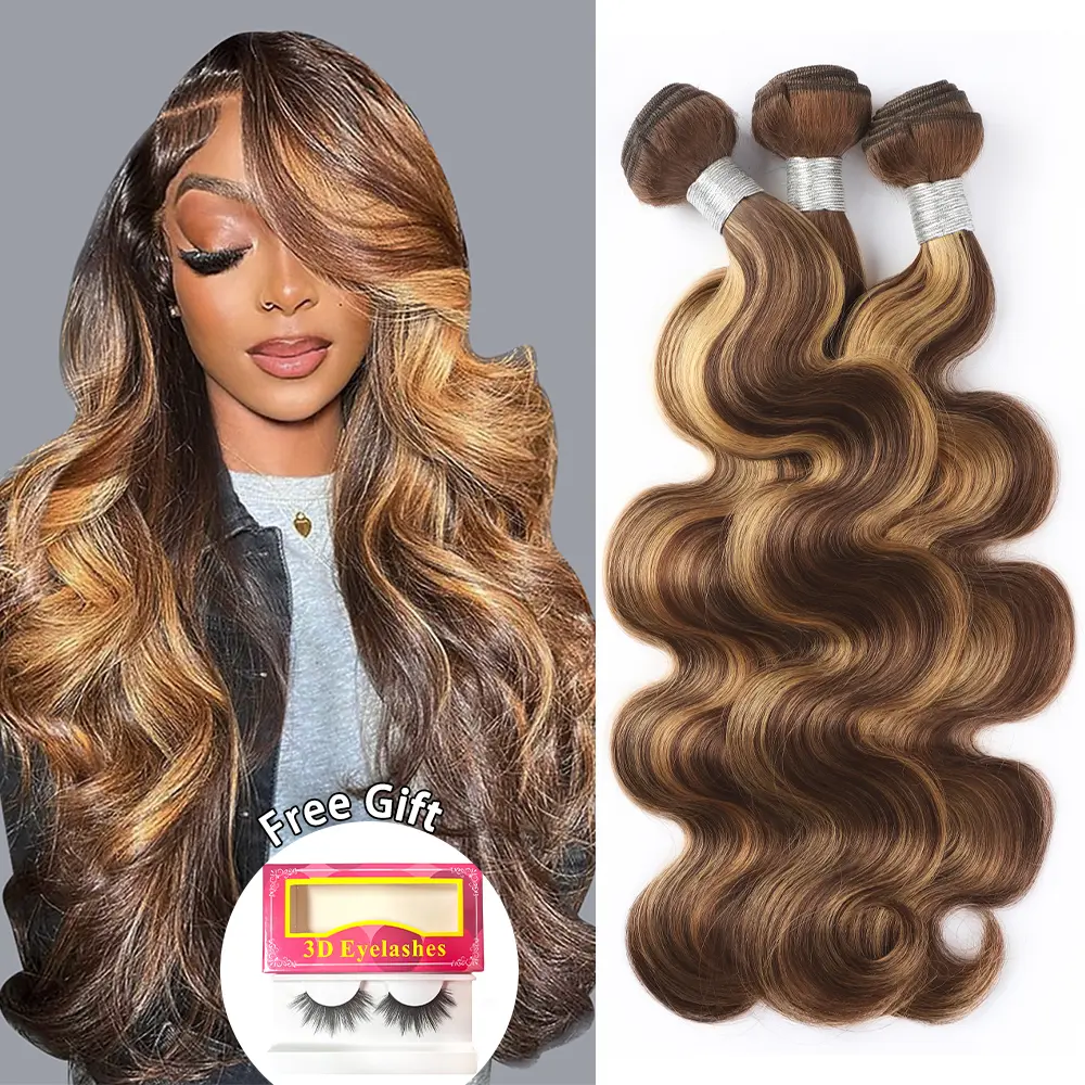 Ishow Brown Highlight Body Wave Human Hair Bundles Body Wave Quick Weave Hair Bundles Brazilian Remy Hair Ombre Honey Blonde Human Hair Bundles with Closure Sew in