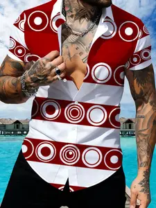 Red Geometric Pattern Short Sleeve Shirt, Men's Trendy Printed Slim Fit Casual Top, Summer Fashion Shirt