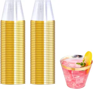 WELLIFE 120 PCS Gold Plastic Cups,9 oz Clear Plastic Cups,Disposable Wine Glasses for Party