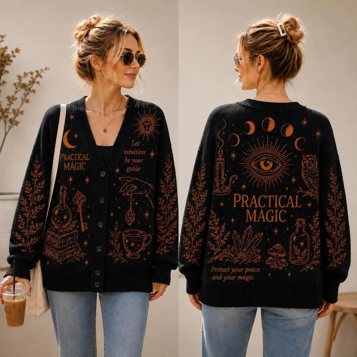 Magic Cardigan, Witchy Celestial Knit Sweater, Moon Phase Occult Button Up, Dark Academia Cottagecore Gift