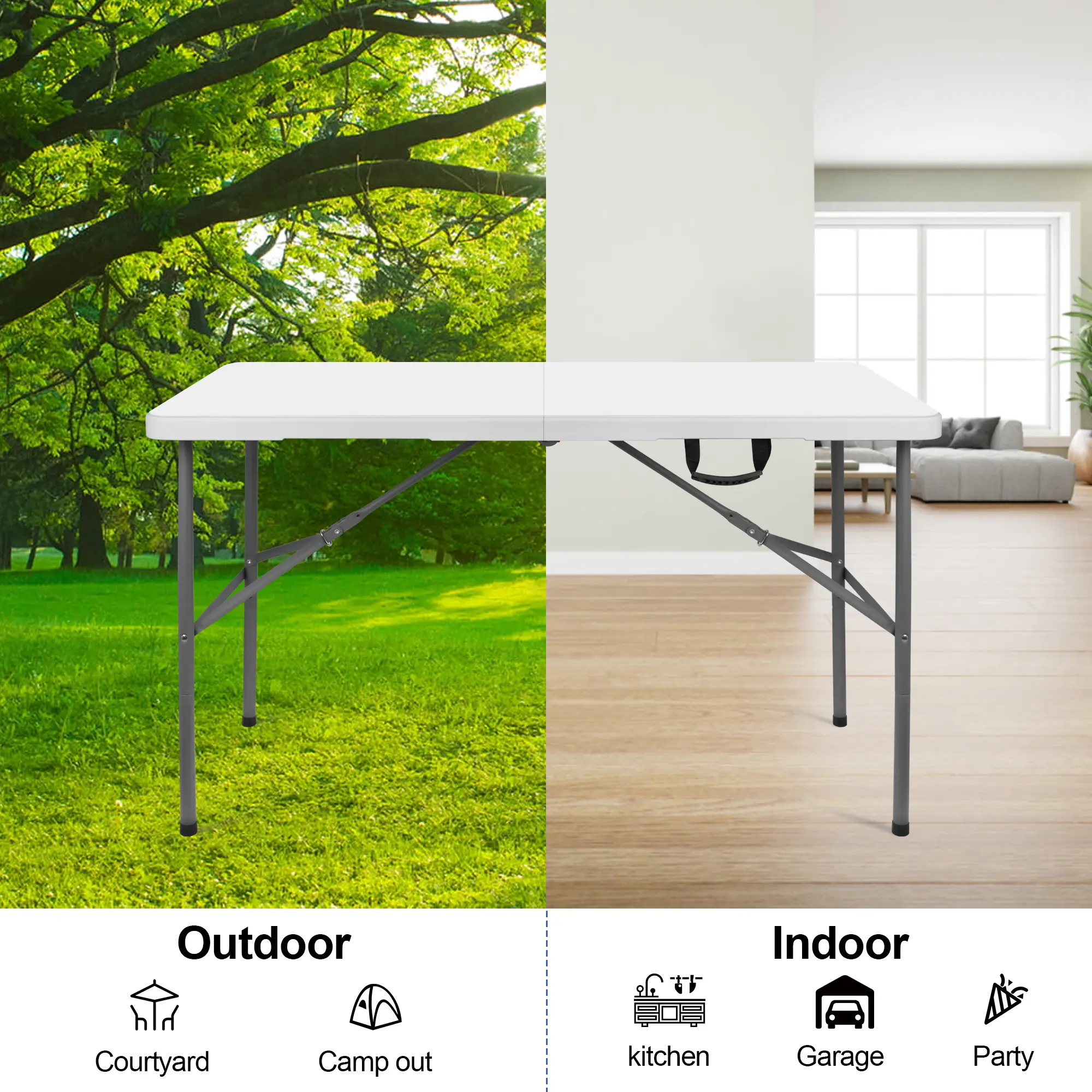 4FT Plastic Folding Table White Straight Legs Fold-in-Half Height Adjustable for Outdoor Indoor Camping Kitchen & Beach Party Space Saving Versatile Use