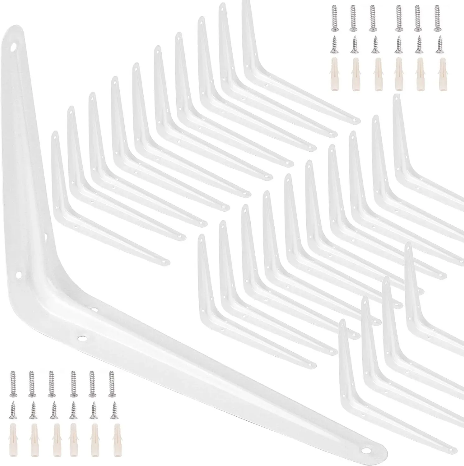 24 Packs 6x8 Inch White Heavy-Duty L-Bracket Wall Mount Shelf Brackets, Wall Hanging Supports with 144 Screws & 72 Expansion Tubes for Shelves Decoration & Clapboard Fixation, 6 X 8 Inch