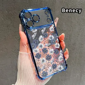 Four Corner Anti-Fall Daisy Blue Symphony Pattern Phone Case for iPhone 17 16 Pro Max 15 Plus 14 13 12 11 E Air Shockproof Transparent Electroplated Protective Cover