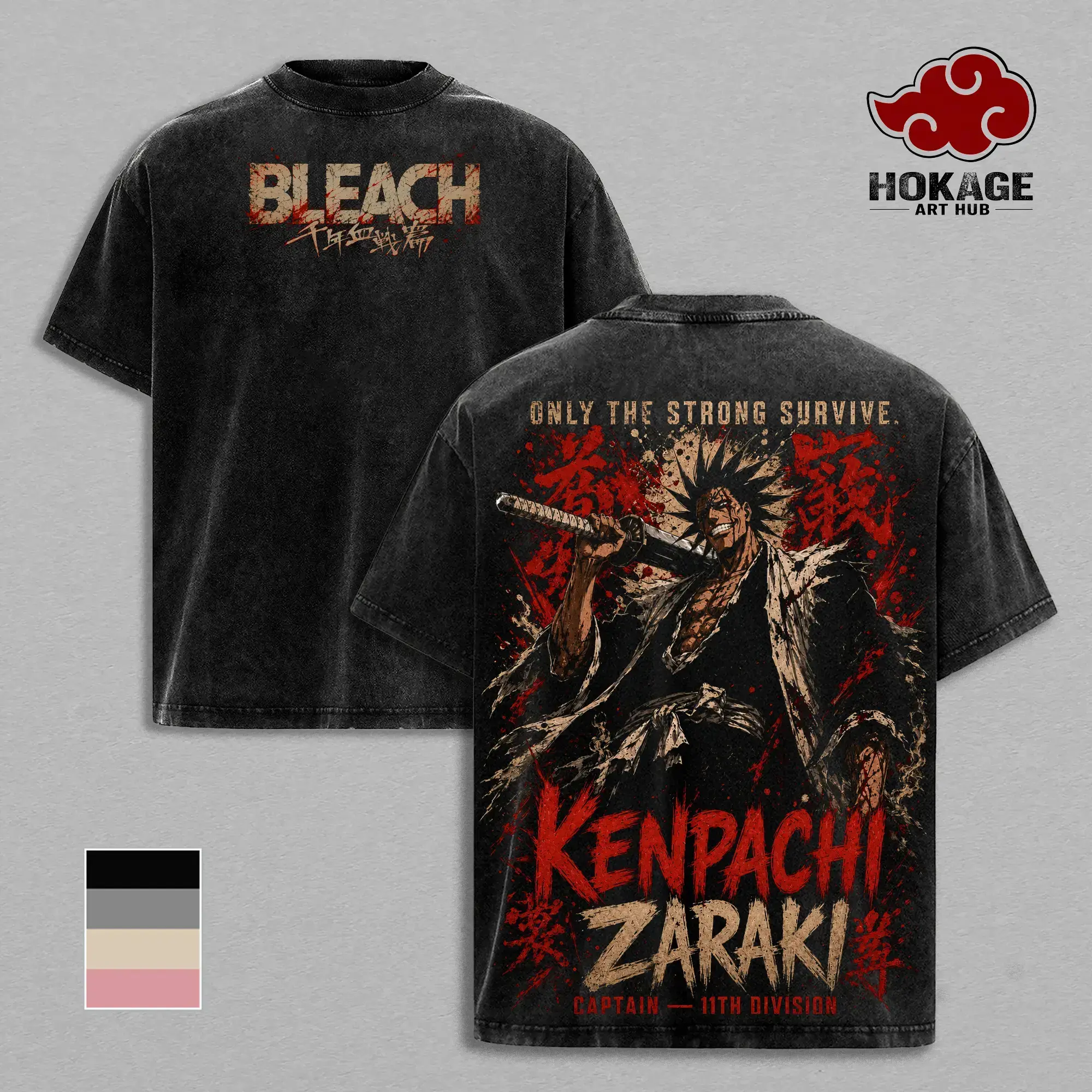 Kenpachi Zaraki Vintage Washed Anime Graphic Tee Oversized Bleach T-Shirt Premium Cotton Soul Reaper Streetwear 11th Division Captain Bankai 90s Retro Japanese Manga Casual Shirt for Men Women Gym Daily Wear Otaku Aesthetic Fashion Apparel Tops Gifts