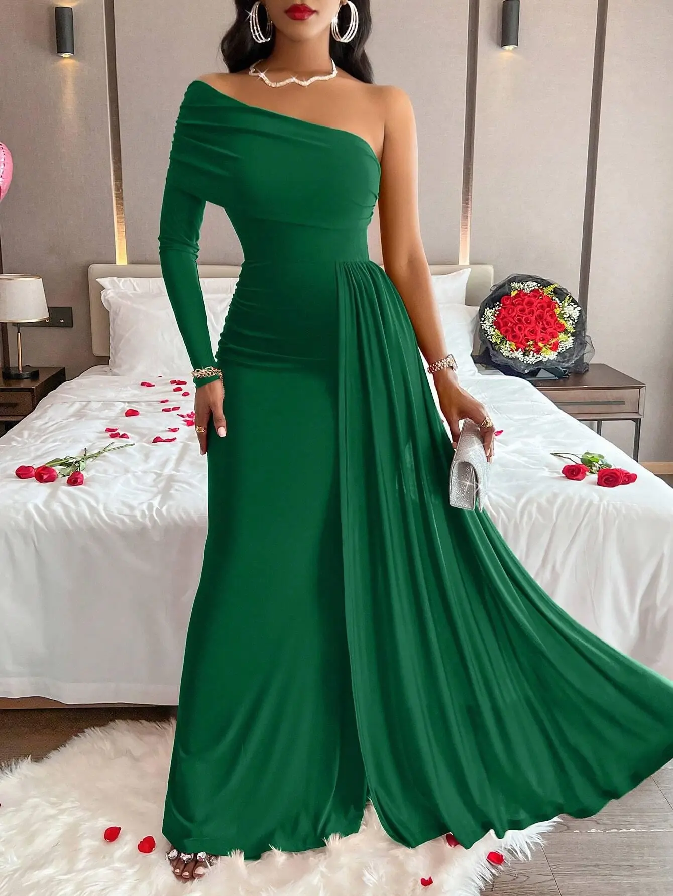 One Shoulder Elegant Long Sleeve Dress Fabric Fit Party Womenswear High  Waist Formal Asymmetrical Medium fashion dress club cocktail Women's Off- Shoulder - TikTok Shop