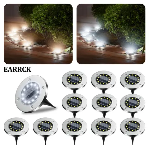 Earrck Solar In-Ground Outdoor Landscape Lights, 12-LED Warm&White Brighter, IP65 Waterproof ABS+Steel Disk Lights, 8/12 Pack Coverage, 8-10h Night Run for Garden, Walkway