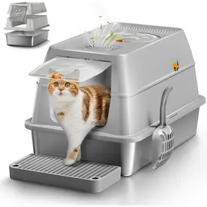 Stainless Steel  Litter Box with Lid, XL Large Enclosed High Sided Litter Box with Removable Lid, Carbon Filters -Odor Free, Easy Cleaning, Anti- Leakage for Big Cats/Multiples-Grey