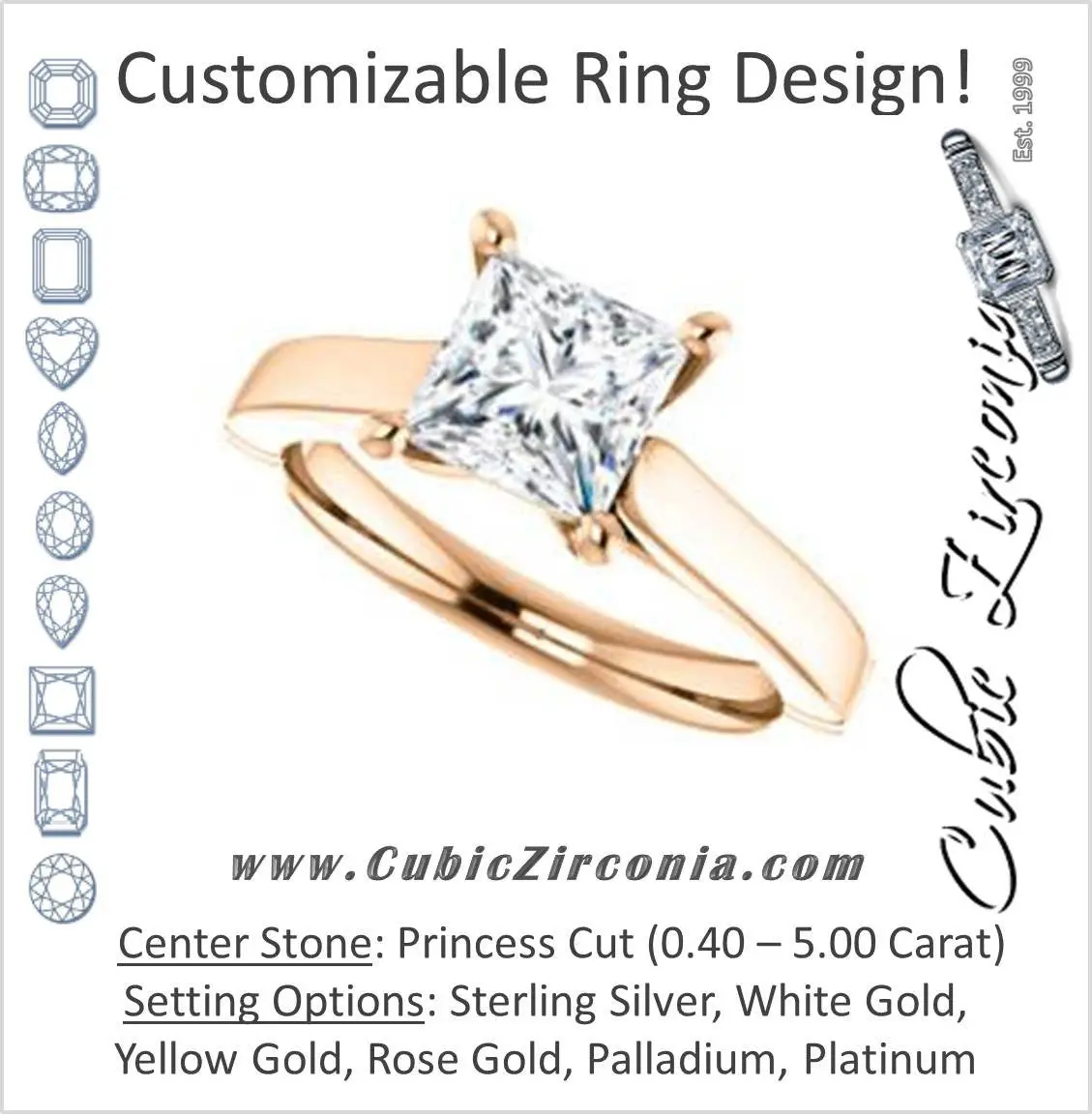 Cubic Zirconia Engagement Ring- The Kaela (Customizable Princess Cut Solitaire with Stackable Band)
