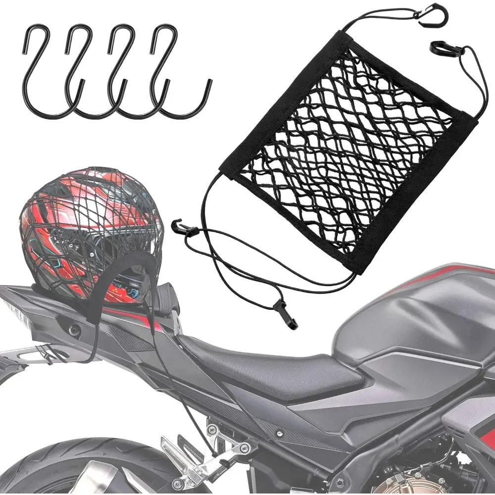 Upgrade Cargo Net For Motorcycle Helmet Storage, 10"X11" High-Elastic Double Layer Bungee Net With 4 Strong Hooks, Luggage Strap Rack Expansion Organizer Net Pocket For Motorbike Trike Cycle