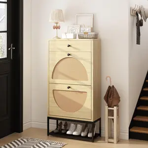 Hooseng Rattan Shoe Cabinet for Entryway | 2 Flip Drawers & Top Drawer with Bottom Open Shoe Rack | Natural Wood & Black Metal Frame | Easy Assembly & All Tools Included | Modern Narrow Shoe Storage Organizer