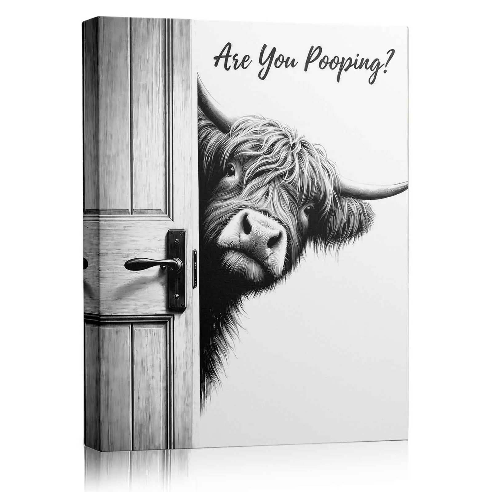 Funny Highland Cow Bathroom Wall Art Poster - 08x12 Inches Eco-Friendly Wood Frame Canvas Print, Cute Fluffy Peeking Cow, Retro Black and White Western Animal Design, UV Protected Indoors Farmhouse Home Restroom Decoration, Western Wall Art, One Piece