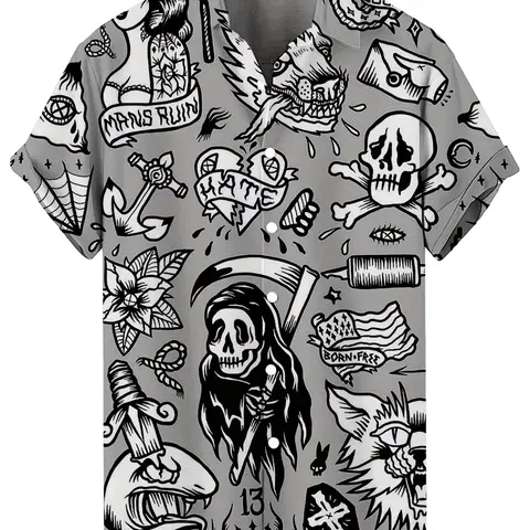 Skull Pattern Men's Hawaiian Tropical Short Sleeve Casual Comfy Collared Shirt, Casual Graphic Print Top for Summer Vacation, Casual Summer Clothing