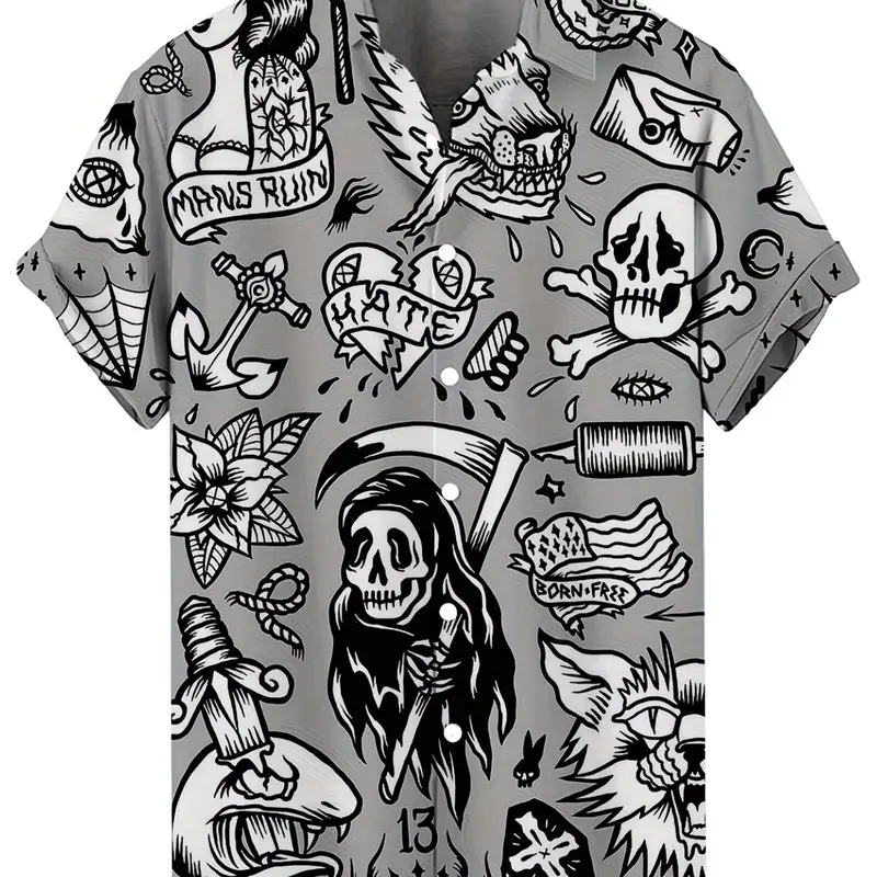Skull Pattern Men's Hawaiian Tropical Short Sleeve Casual Comfy Collared Shirt, Casual Graphic Print Top for Summer Vacation, Casual Summer Clothing