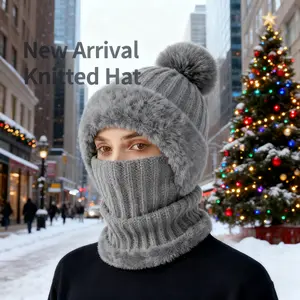 Winter Fleece Knit Beanie Hat with Mask & Ear Flaps | Thick Fleece Lined Warm Ski Hat for Women Men | Windproof Cold Weather Face Cover Cap