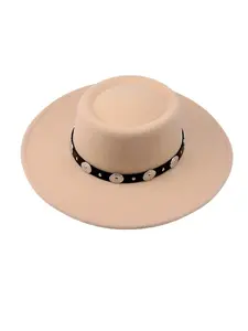 Wide Brim Vintage Felt Fedora Hat, Metal Studded Band, Adjustable Retro Western Style, Fashion Headwear for Men and Women