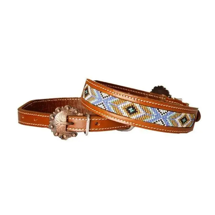 Leather Dog Collar with periwinkle, mint, white, and gold beaded inlay design for dogs