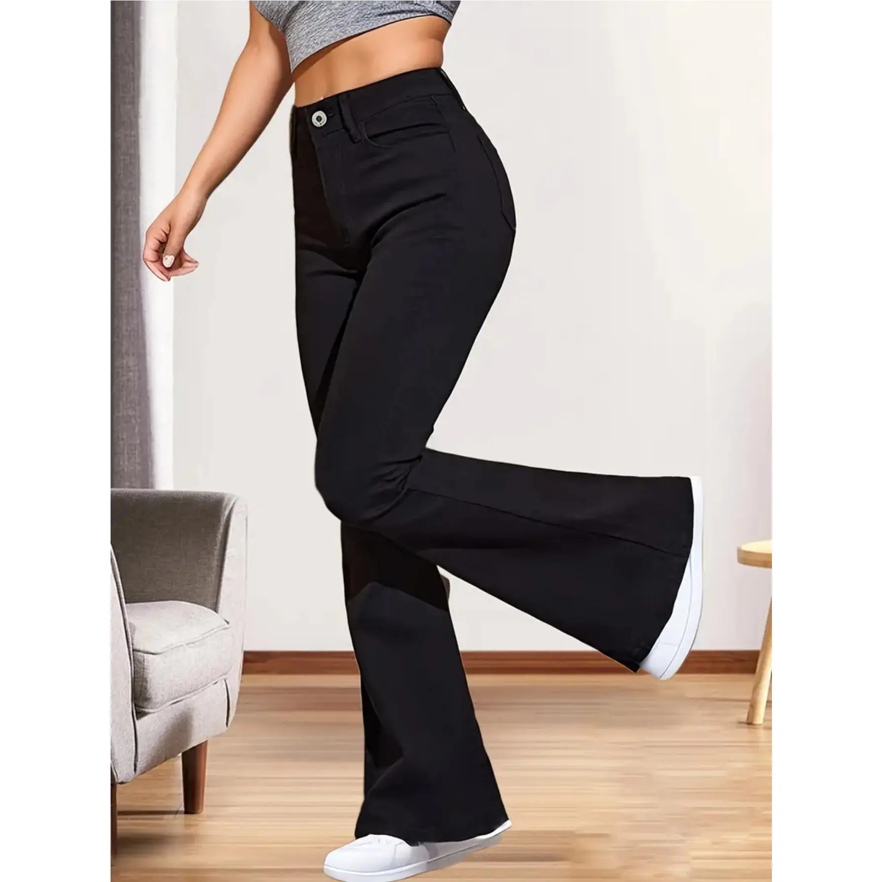 Women's Vintage Flare Jeans, Street Chic High Waisted Oversized Fit in High Stretch Viscose Denim with a Cropped Leg and Pockets