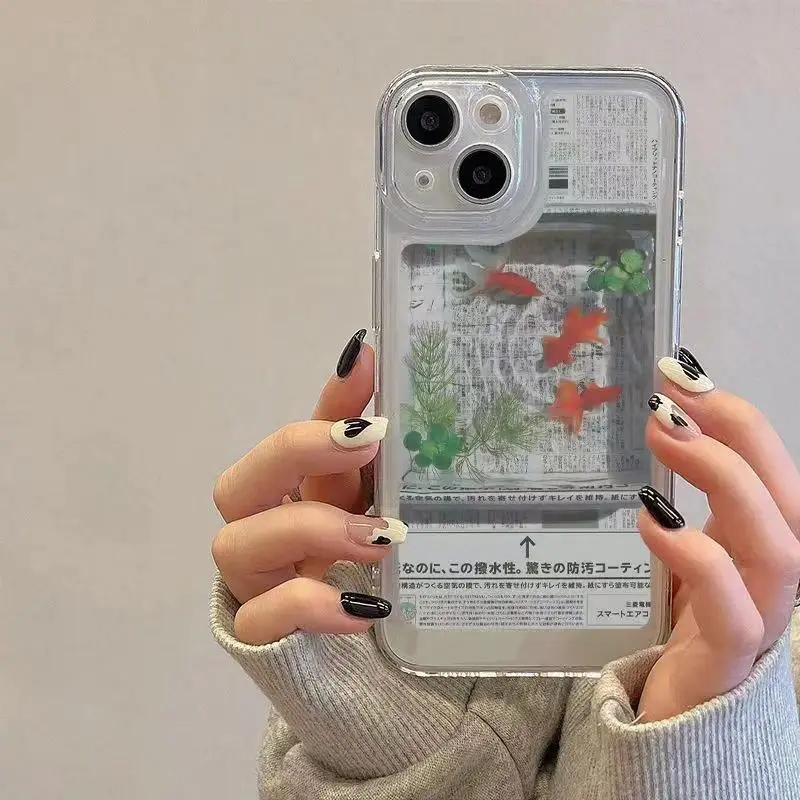 Creative Newspaper Goldfish Y2K Cute Phone Case For iPhone 17 16 15 14 13 12 11 Pro Max XR XS Max 7 8 Plus Geometric Retro Cover Cellphone Smartphone
