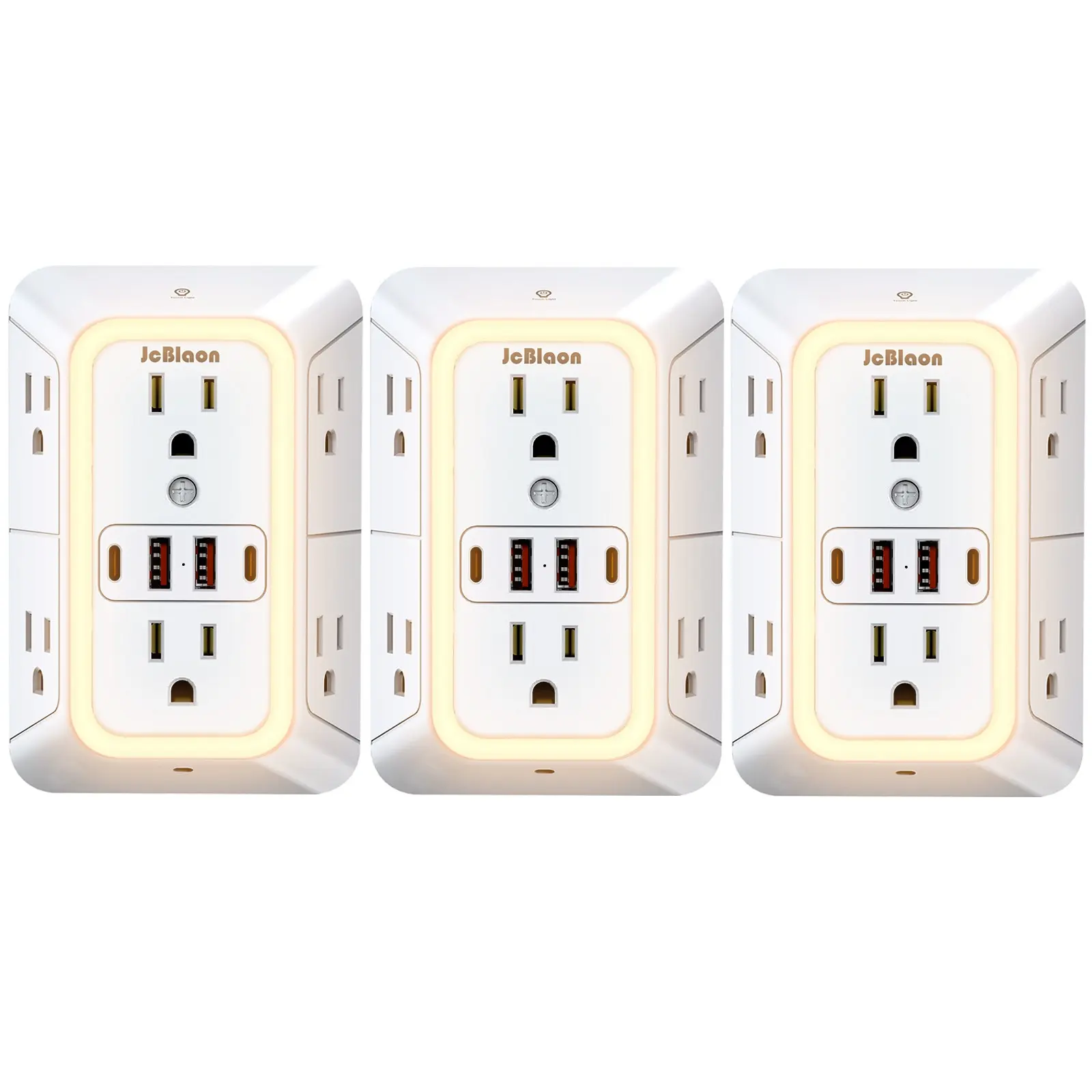 3-Pack Power Strip Surge Protector with Night Light Power Outlet, Multiplug Wall Outlet, 6 AC Outlets with 4 USB Ports (2 USB-C), 3-Sided Multi-Plug Wall Extender Power Socket Extender with Spaced Outlets for Home, Travel, Office (White)