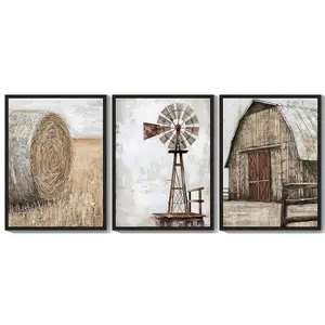 Farmhouse Wall Art 11x14in3pcs Black Framed Vintage Rustic Windmill Barn Cornfield Pictures Painting Landscape Countryside Rural Canvas Artwork Home Decor Ready to Hang Artistic Poster Boho Decorative Gift Ornaments