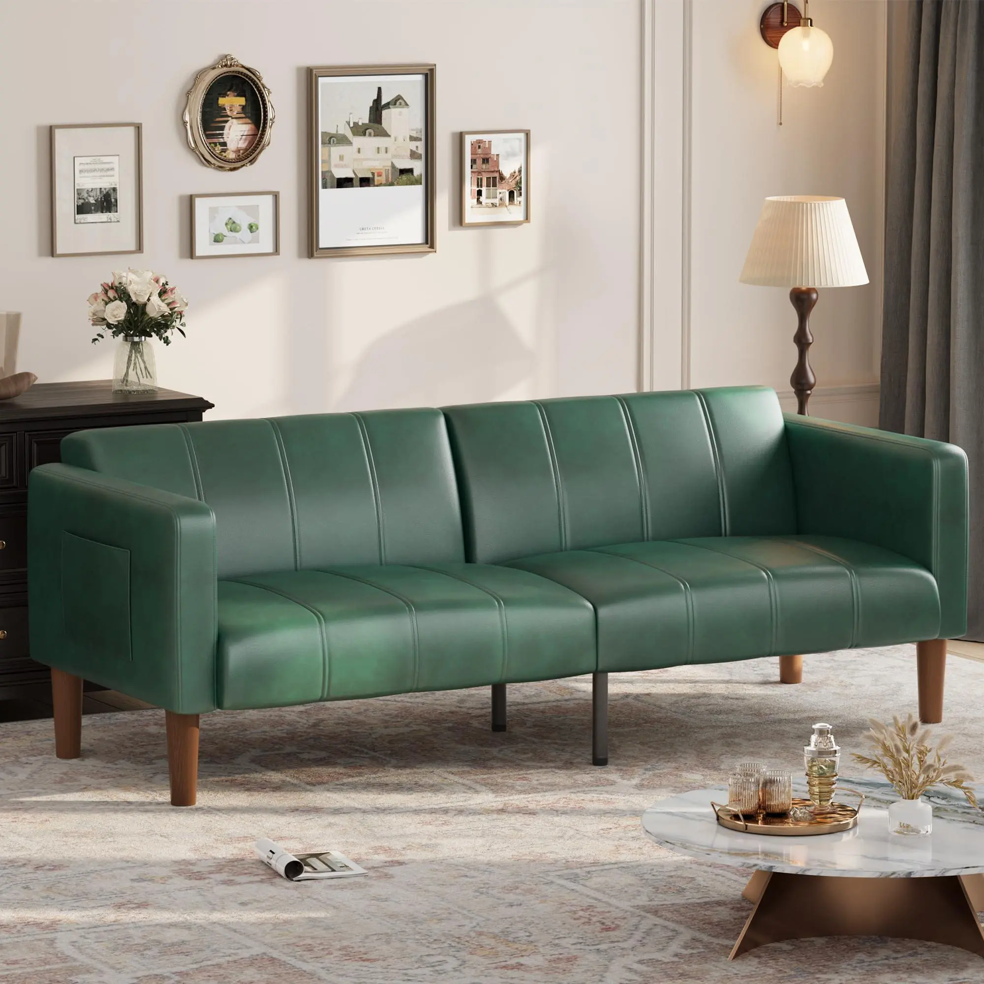 75.2 in L × 37.4 in W Durable PU Leather Foam Futon Sofa Bed - 75in Modern Twin Sleeper Convertible Love Seat Couch, Mid-Century Small Space Furniture, 600lbs Capacity, 1 Box, Assembly Required (Ideal for Living Room)