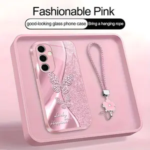 Suitable for [Galaxy S24 Fe] high-end women's phone case🥰，a beautiful four-leaf clover lanyard is included🍀，A beautiful, sophisticated printed butterfly pattern—not sequins YM99