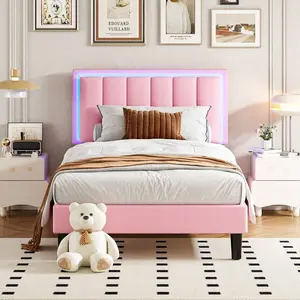 Twin Size Bed Frame  LED Lights, LED Upholstered Bed Frame  Headboard, No Box Spring Needed, Easy Assembly, White/ Pink/ Black, Twin/ Full/ Queen ( USB LED Strip) with mirror Arched Armoire Glass Door Wardrobe Set