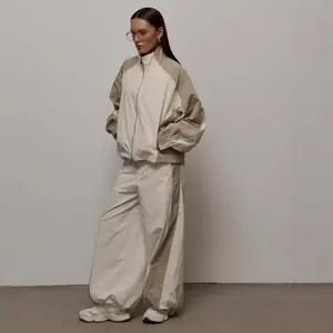 BIGWIG Women's Casual Sportswear Two-Piece Set: Stylish, Loose-Fit, Color-Block Long-Sleeve Cardigan & Contrast-Drawstring Cropped Jacket + Elastic-Waist Trousers — A Complete Casual Sport Suit