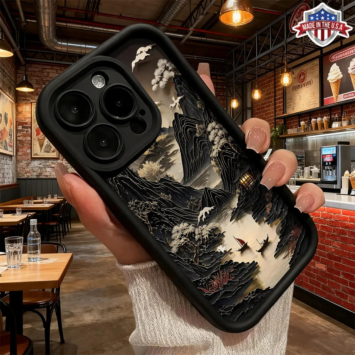 Artistic Black Gold Hyperrealism Glam Mountain Landscape Crane Pattern Silicone Case for iPhone 17,16,15,14 Pro Max,13,12,11,XR,XS,15 Plus,Air - Slim,Shockproof,Anti-Scratch TPU Protection Cover, Iphone 15 Plus