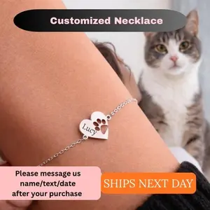 Custom Pet Name Paw Print Bracelet | Personalized Heart Charm | Dog & Cat Lover Jewelry | Gift for Pet Lovers
