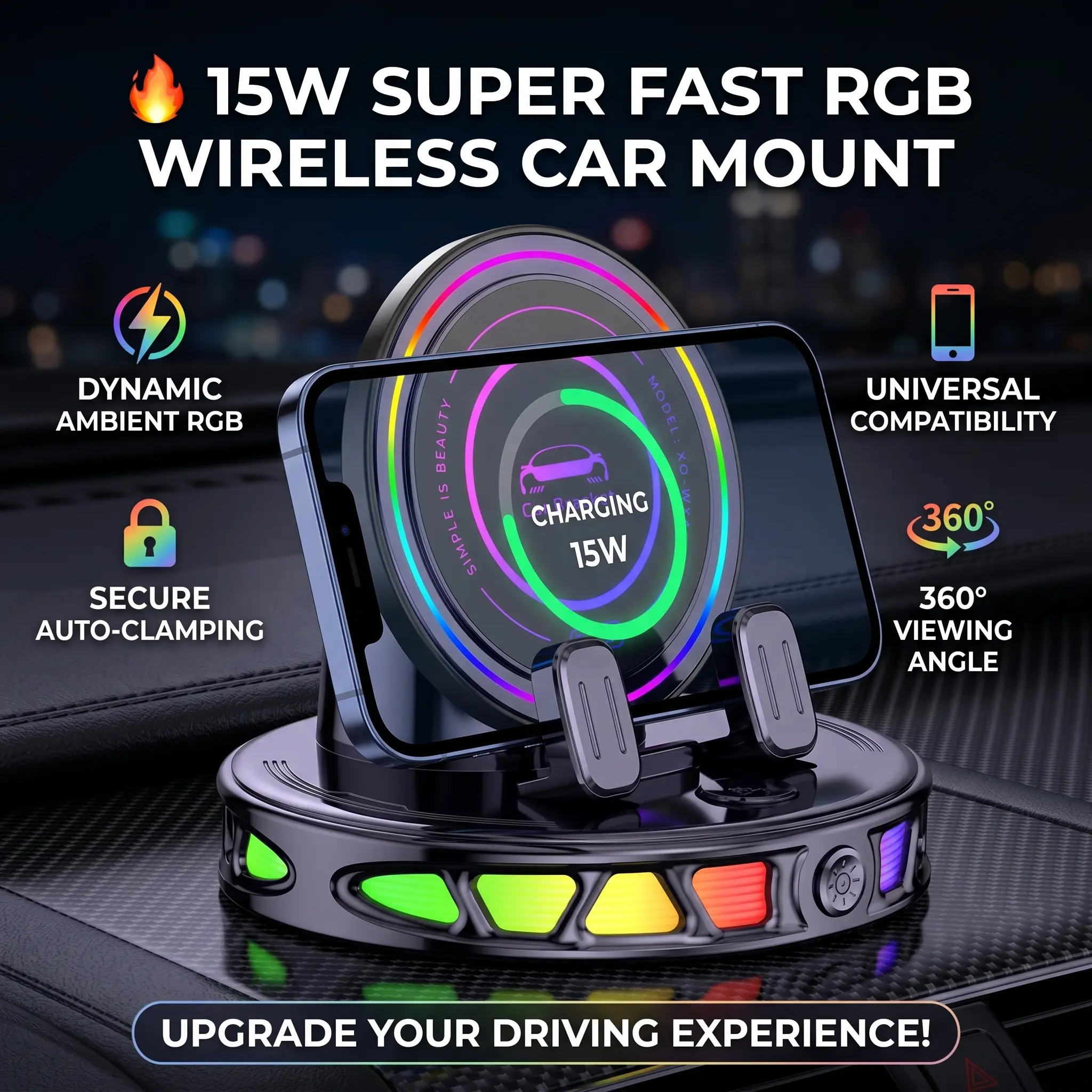 Gradient RGB Light Car Phone Bracket, Automatic Retractable Smart Induction Mount, Hands-Free Anti-Slip Vehicle Phone Holder