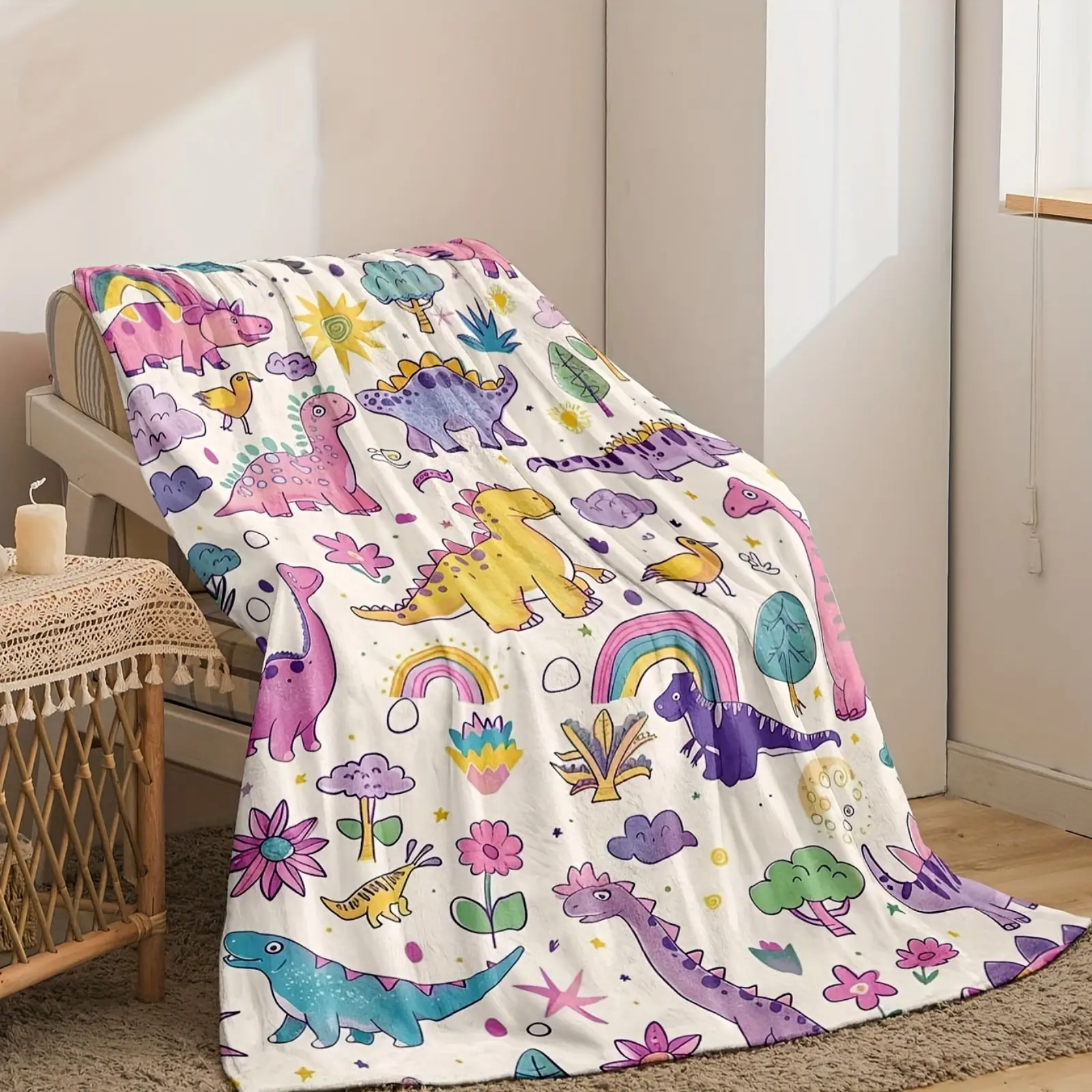 Dinosaur Print Blanket, Cute Flower Rainbow Pink Blue DinosaursThrow Soft Cozy Fuzzy Comfy Blanket, for Sofa Bedroom Dorm Couch Office Car Travel Home Teen Boys Girls Gift