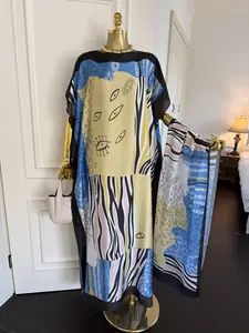 Women's Fashion Print Long Robe Set, Matching Moomoo Dress + Scarf Headband, Casual Woven Fabric, Thin All-Season Wear, Beach Sun Protection
