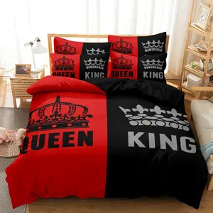 3pcs Couple'S King & Queen Printed Duvet Cover Set, All-Season Home Letter Print Crown Design, Red Black Contrast For Romantic Bedroom, Couple Bedding, 1 Duvet + 2 Pillowcases (No Inserts) Polyester Fiber 90g Bed Sets Supplies