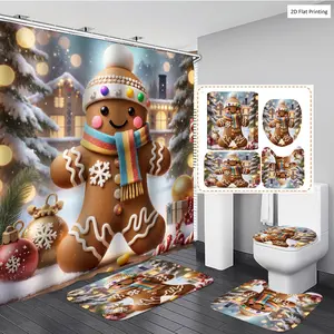1/3/4PCS Christmas Style Gingerbread Figure with Decorations Shower Curtain Set with Rugs, Non Slip Bath Mat, U-Shape Carpet, Toilet Lid Cover, Polyester Fabric Bathtub Curtain Accessories, 12 Hooks, Home Bathroom Festival Decor