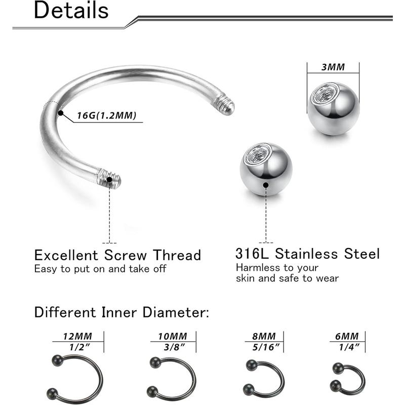 Sanfenly 48Pcs 14G Stainless Steel Horseshoe Nose Septum Rings Piercing Jewelry Cartilage Helix Tragus Earring Hoop Eyebrow Lip Hoop Piercing Ring for Women Men 6mm 8mm 10mm 12mm Beads Gold