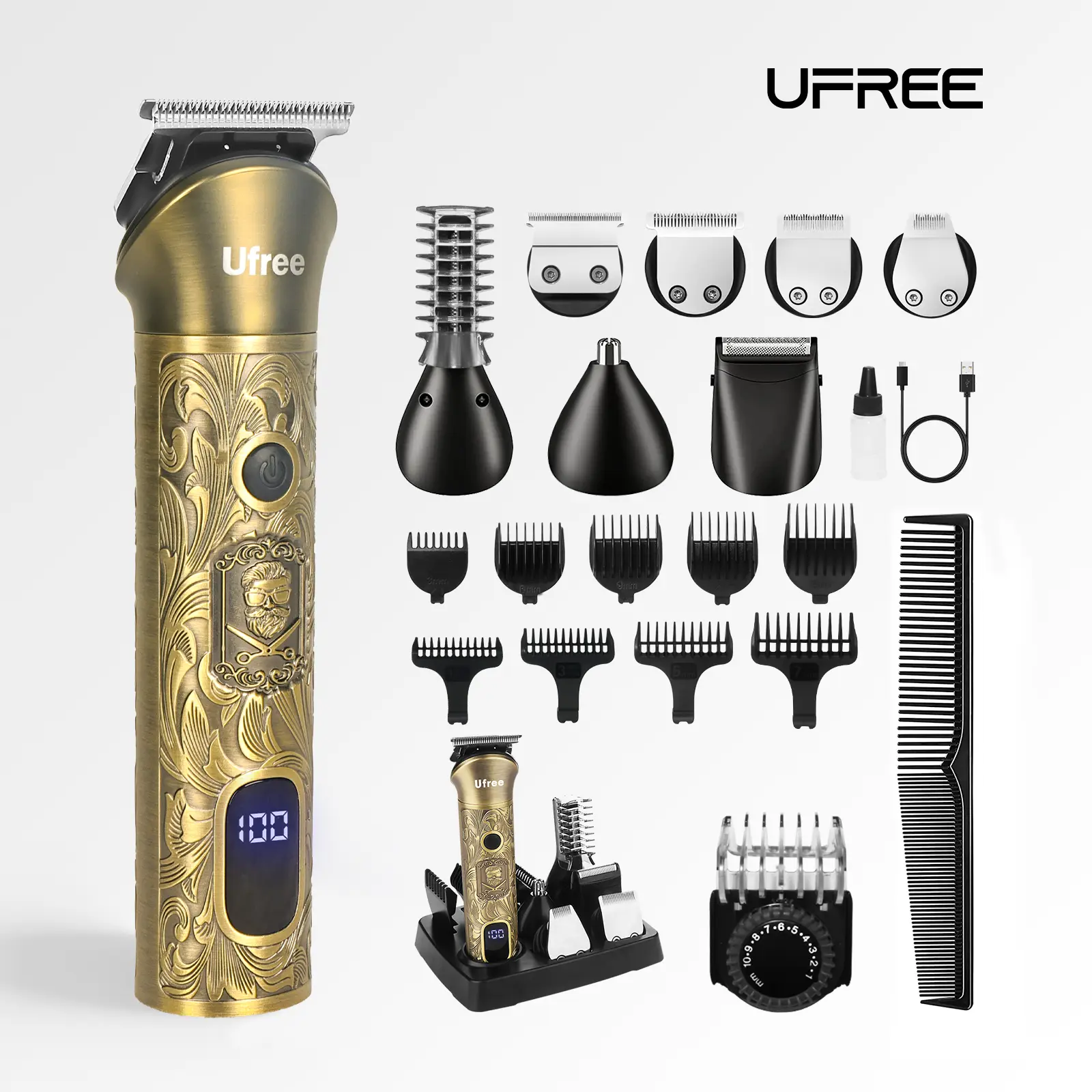 Ufree All-in-One Beard Trimmer for Men, Cordless Electric Razor Shaver, Multifunctional Barber Hair Clippers for Hair Cutting, Mens Grooming Kit for Body, Nose, Head, Face, Mustache and Bikini, Gifts, Rechargeable, Cordless Clippers Set,