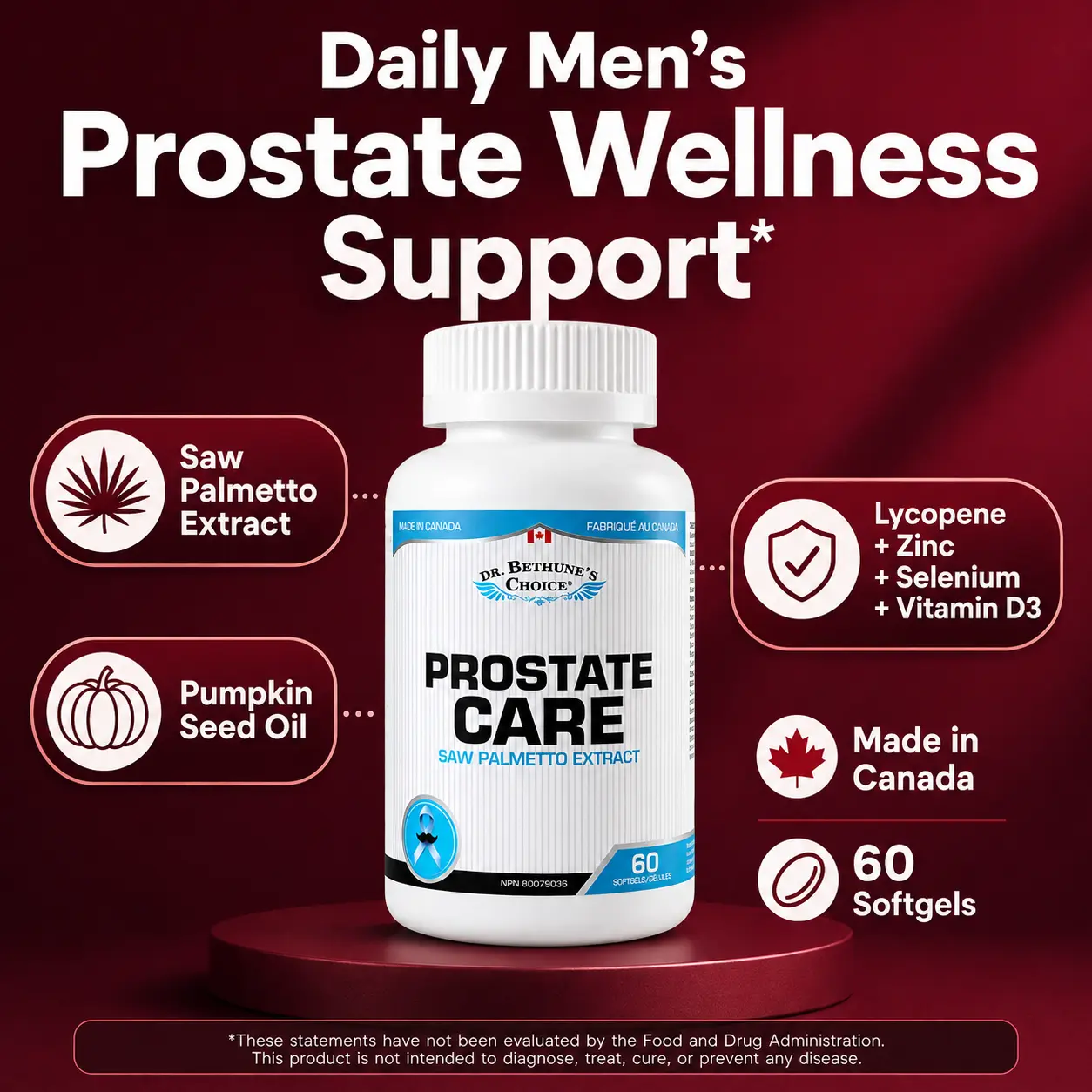 Dr. Bethune’s Choice Prostate Care for Men, Saw Palmetto Supplement with Pumpkin Seed Oil, Lycopene, Vitamin D3 & Zinc, Daily Prostate & Urinary Wellness Support - 60 Capsules
