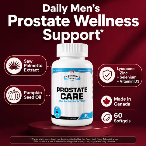 Dr. Bethune’s Choice Prostate Care for Men, Saw Palmetto Supplement with Pumpkin Seed Oil, Lycopene, Vitamin D3 & Zinc, Daily Prostate & Urinary Wellness Support - 60 Capsules