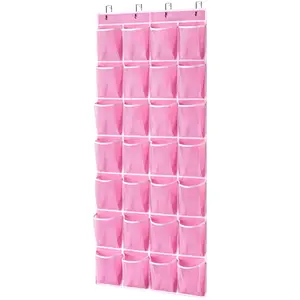 28 Pockets Hanging Shoe Organizer, Over the Door Shoe Organizer, Hanging Door Shoe Holder Rack with Mesh Pockets Large Size 65 x 23 Inch (Pink/With)