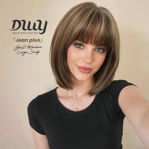Jean plus -DWY【Gen 2 Large Realistic Scalp】Short Straight Brown with Blonde Highlights Glueless Synthetic Wig with Bangs for Women 12 Inches Premium Quality