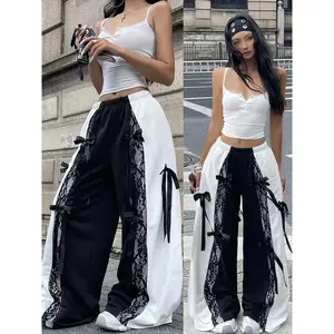 Women's Spring/Summer Y2K Style Vintage Streetwear, Black Wide-Leg Sweatpants with Bow Contrast Patchwork Lace, Y2K Style Patchwork Sweatpants