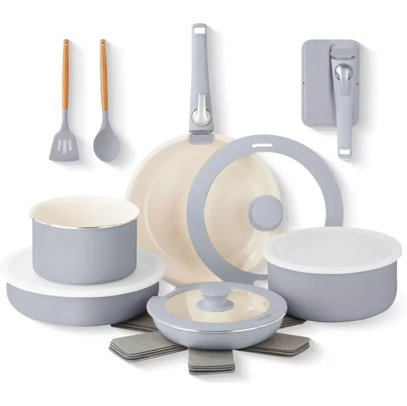 Gotham Steel Ceramic 18-Piece Nonstick Pots and Pans Set with Detachable Handles, Complete Kitchen Essentials for Everyday Cooking, Easy to Clean, Stackable Design, Dishwasher Safe, Non Toxic, Oven Safe up to 500°F,