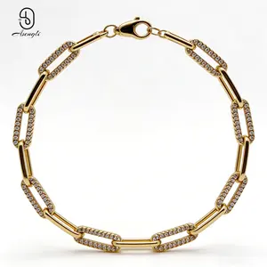 Asengli 14K Gold Plated Paperclip Chain Adjustable Bracelet with Cubic Zirconia for Women Exquisite Zirconia Dazzling Brilliance Comfortable Everyday Wear